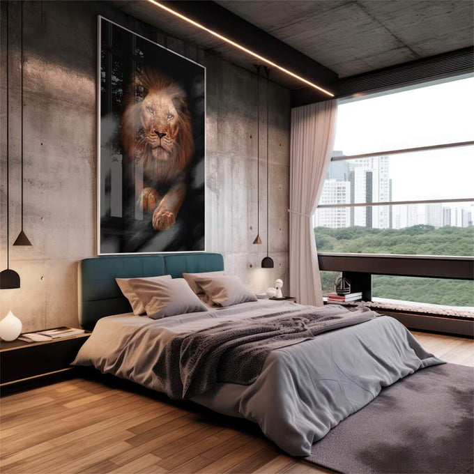 Quadro Decorativo Realeza Selvagem: Leão Dourado Único - quadros decorativos 1 Tela Vertical, 3 Telas - em sala moderna