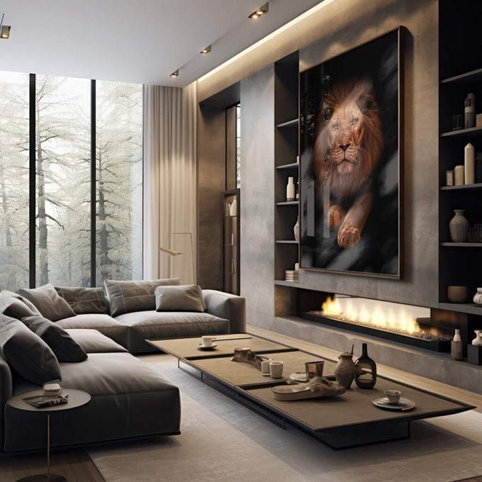 Quadro Decorativo Realeza Selvagem: Leão Dourado Único - quadros decorativos 1 Tela Vertical, 3 Telas - em escritorio elegante