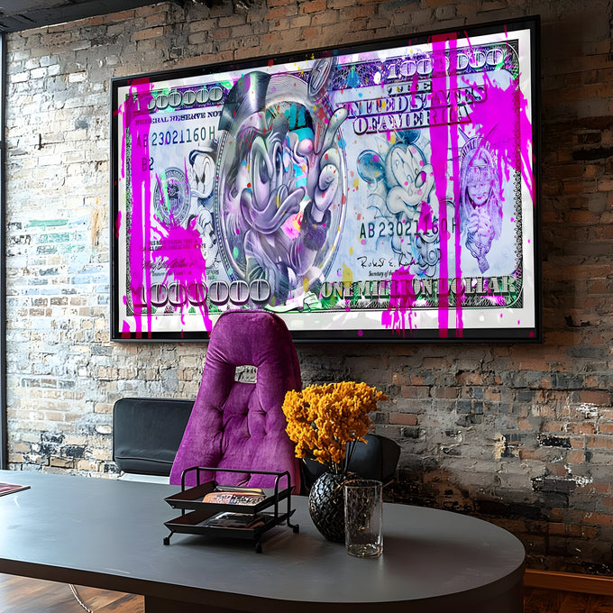 Tio Patinhas, Mickey e Pato Donald em nota de um milhão de dólares com respingos rosa, quadro decorativo