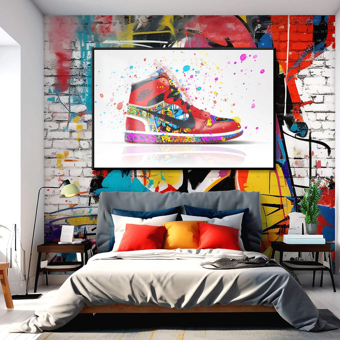 Quadro Decorativo Sneaker Estilizado: Toque Urbano Único - quadros decorativos para sala 1 Tela, 1 Tela Horizontal - em ambiente decorado