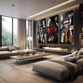 Quadro Decorativo: Essência do Poder e Humor em Cores - quadros decorativos 1 Tela Vertical, 3 Telas - em escritorio elegante