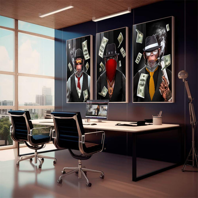 Quadro Decorativo: Essência do Poder e Humor em Cores - quadros decorativos 1 Tela Vertical, 3 Telas - em sala moderna