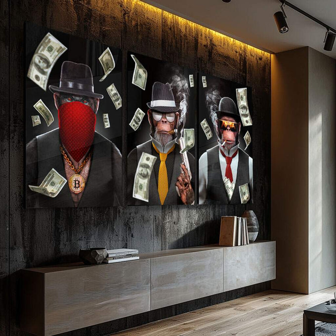 Quadro Decorativo: Essência do Poder e Humor em Cores - quadros decorativos para sala 1 Tela Vertical, 3 Telas - em ambiente decorado