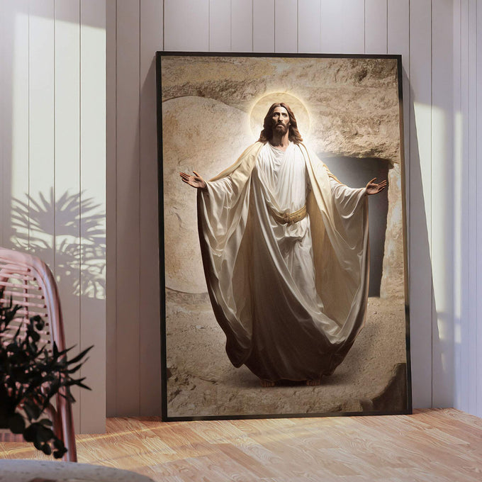 Quadro Decorativo Único: Reflexão Divina de Jesus - quadros decorativos para sala 1 Tela Vertical, 3 Telas - em ambiente decorado