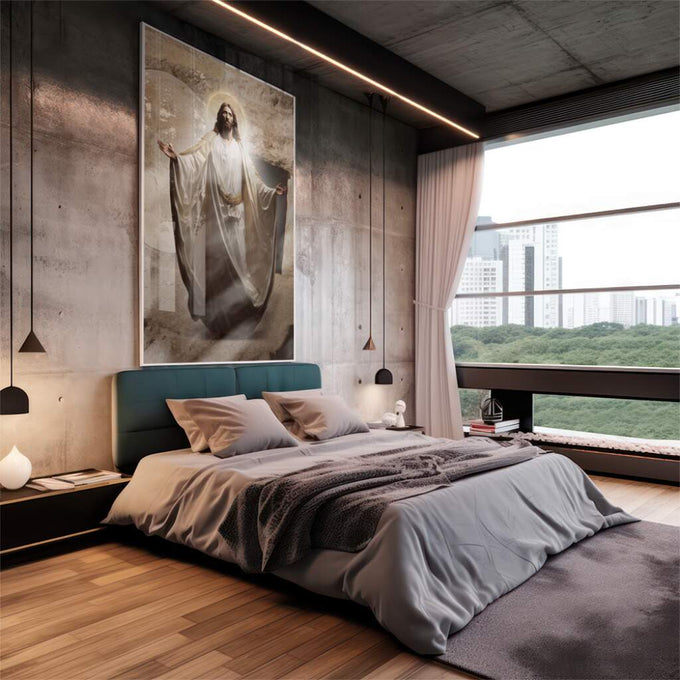 Quadro Decorativo Único: Reflexão Divina de Jesus - quadros decorativos 1 Tela Vertical, 3 Telas - em escritorio elegante