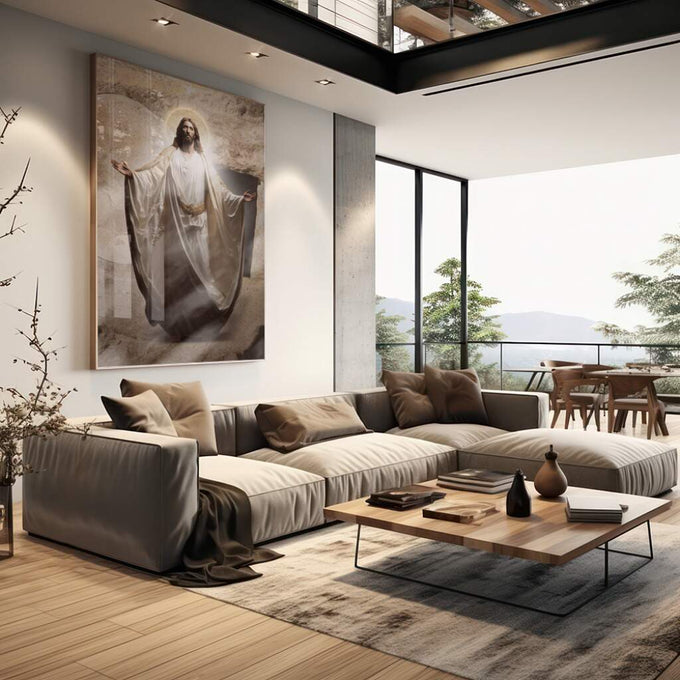 Quadro Decorativo Único: Reflexão Divina de Jesus - quadros decorativos para sala 1 Tela Vertical, 3 Telas - em living room premium