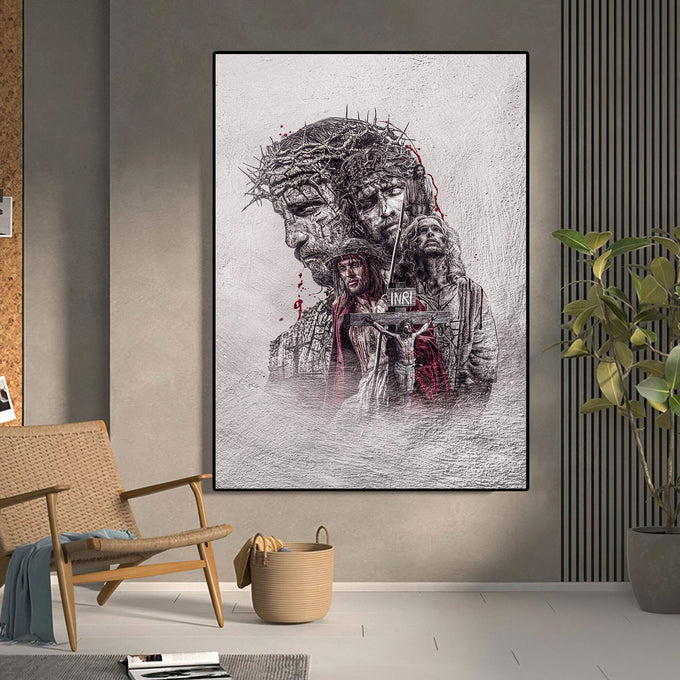 Quadro Decorativo: Visão Inspiradora de Jesus na Cruz - quadros decorativos para sala 1 Tela Vertical, 3 Telas - em ambiente decorado