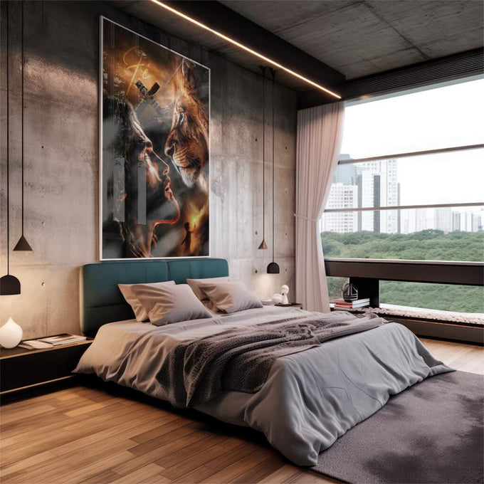 Quadro Decorativo Confronto Divino com o Leão - quadros decorativos 1 Tela Vertical, 3 Telas - em escritorio elegante