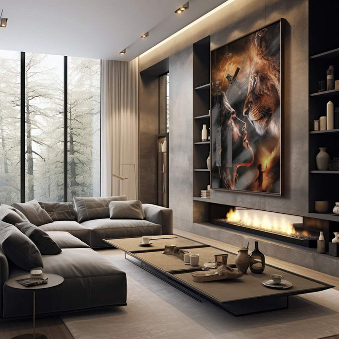 Quadro Decorativo Confronto Divino com o Leão - quadros decorativos 1 Tela Vertical, 3 Telas - em sala moderna