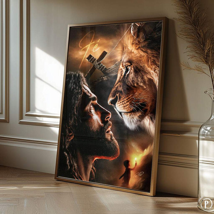 Quadro Decorativo Confronto Divino com o Leão - quadros decorativos para sala 1 Tela Vertical, 3 Telas - em ambiente decorado