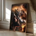 Jesus e leão face a face com cruz e a palavra Fé em tons dourados e marrons, quadro decorativo