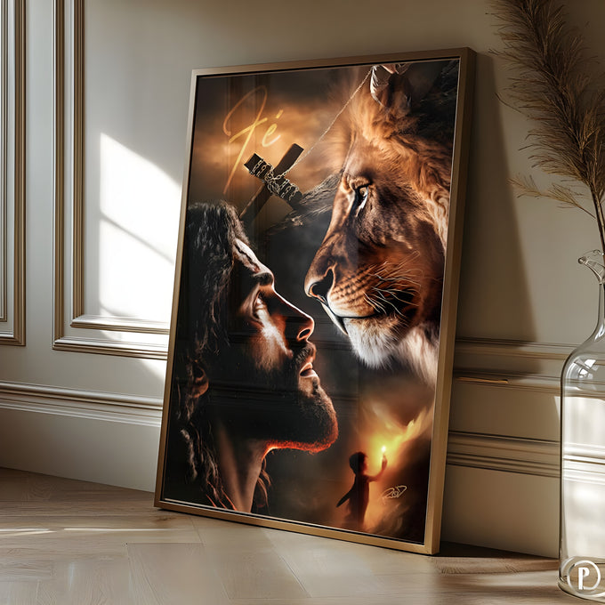 Jesus e leão face a face com cruz e a palavra Fé em tons dourados e marrons, quadro decorativo