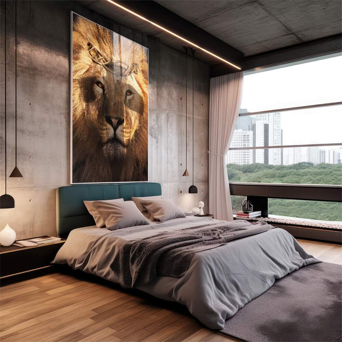 Quadro Decorativo Poder & Fé: Leão e Sombra Cruz Exclusivo - quadros decorativos 1 Tela Vertical, 3 Telas - em escritorio elegante