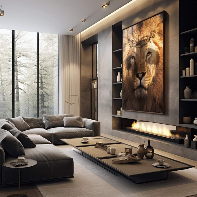 Quadro Decorativo Poder & Fé: Leão e Sombra Cruz Exclusivo - quadros decorativos 1 Tela Vertical, 3 Telas - em sala moderna