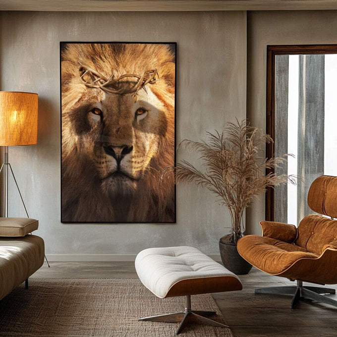 Quadro Decorativo Poder & Fé: Leão e Sombra Cruz Exclusivo - quadros decorativos para sala 1 Tela Vertical, 3 Telas - em ambiente decorado