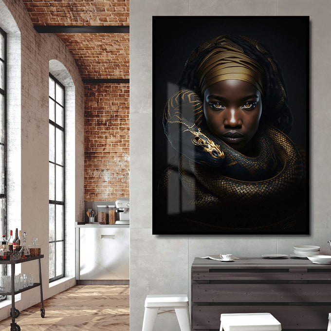 Quadro Decorativo Serpente Gold: Elegância e Poder - quadros decorativos para sala 1 Tela Vertical, 3 Telas - em ambiente decorado