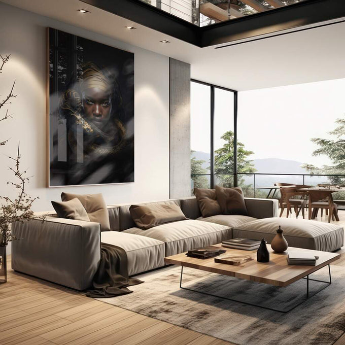 Quadro Decorativo Serpente Gold: Elegância e Poder - quadros decorativos para sala 1 Tela Vertical, 3 Telas - em living room premium