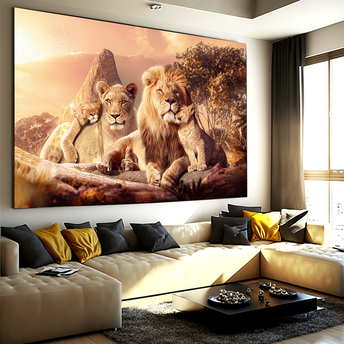 Quadro Decorativo Família Real da Selva: Exuberância Natural - quadros decorativos para sala 1 Tela, 1 Tela Horizontal - em ambiente decorado