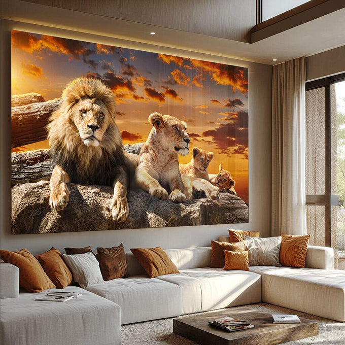Quadro Decorativo Leões ao Pôr do Sol - Família e Força - quadros decorativos para sala 1 Tela, 1 Tela Horizontal - em ambiente decorado