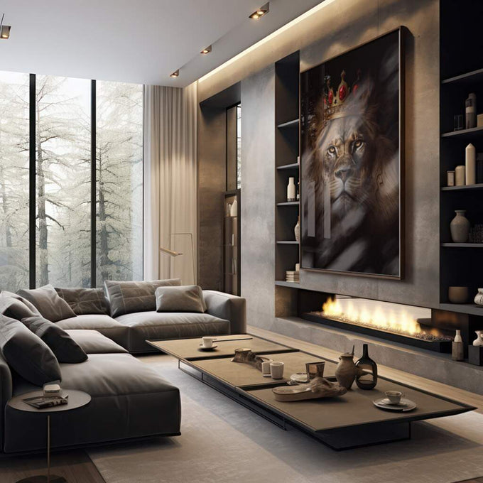 Quadro Decorativo Arte Animal Realeza Selvagem: Luxo Impactante - quadros decorativos 1 Tela Vertical, 3 Telas - em sala moderna