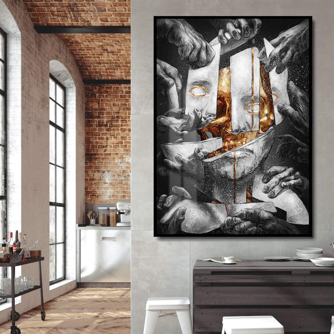 Quadro Decorativo Caveira Gold - Exclusividade Moderna - quadros decorativos para sala 1 Tela Vertical, 3 Telas - em ambiente decorado