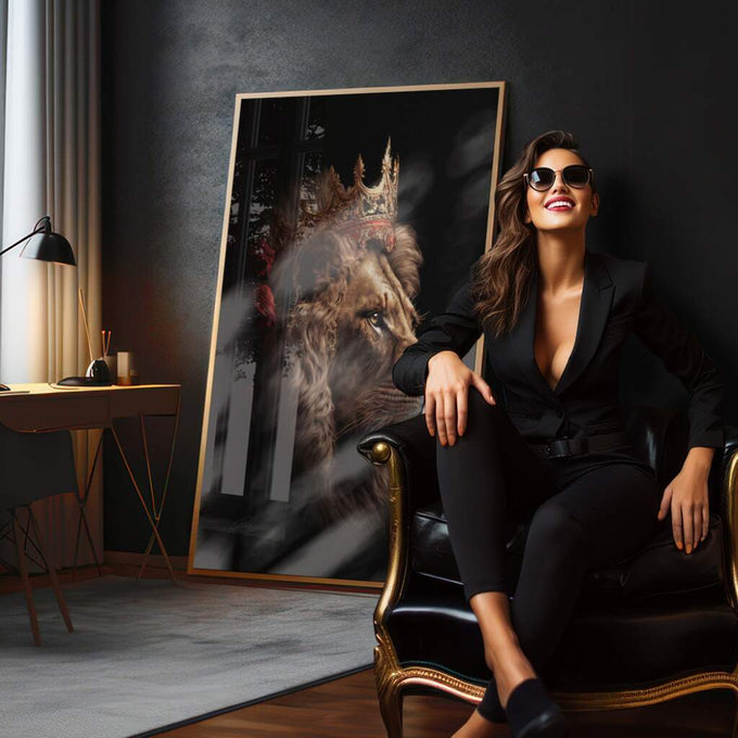 Quadro Decorativo Leão Majestoso - O Poder da Selva - quadros decorativos para sala 1 Tela Vertical, 3 Telas - em quarto contemporaneo