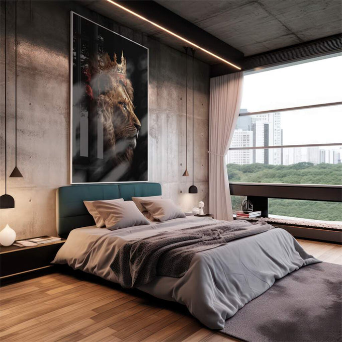 Quadro Decorativo Leão Majestoso - O Poder da Selva - quadros decorativos 1 Tela Vertical, 3 Telas - em escritorio elegante