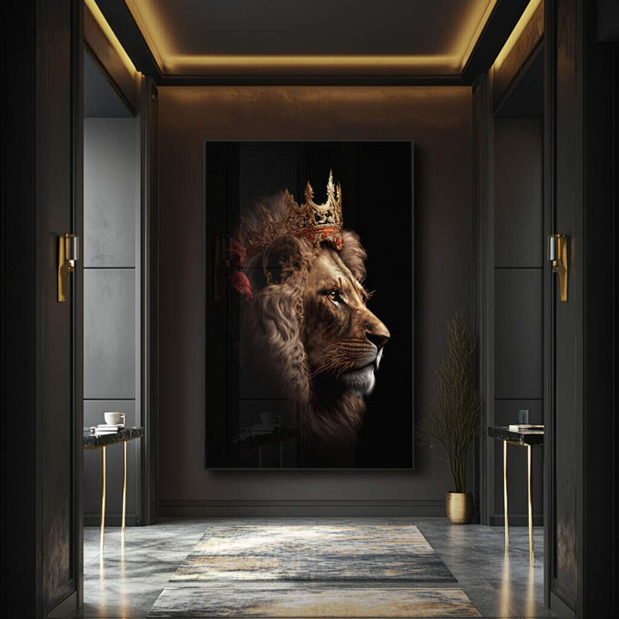 Quadro Decorativo Leão Majestoso - O Poder da Selva - quadros decorativos para sala 1 Tela Vertical, 3 Telas - em ambiente decorado