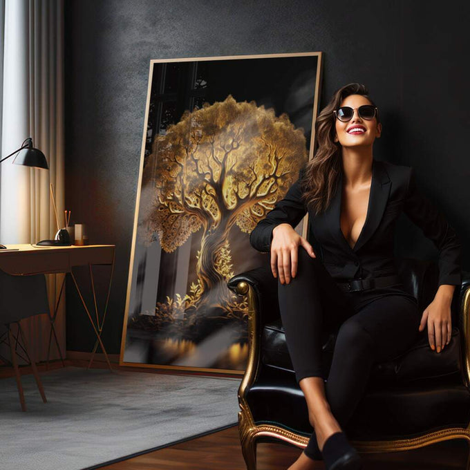 Quadro Decorativo Raízes de Ouro: Luxo e Tradição - quadros decorativos para sala 1 Tela Vertical, 3 Telas - em quarto contemporaneo