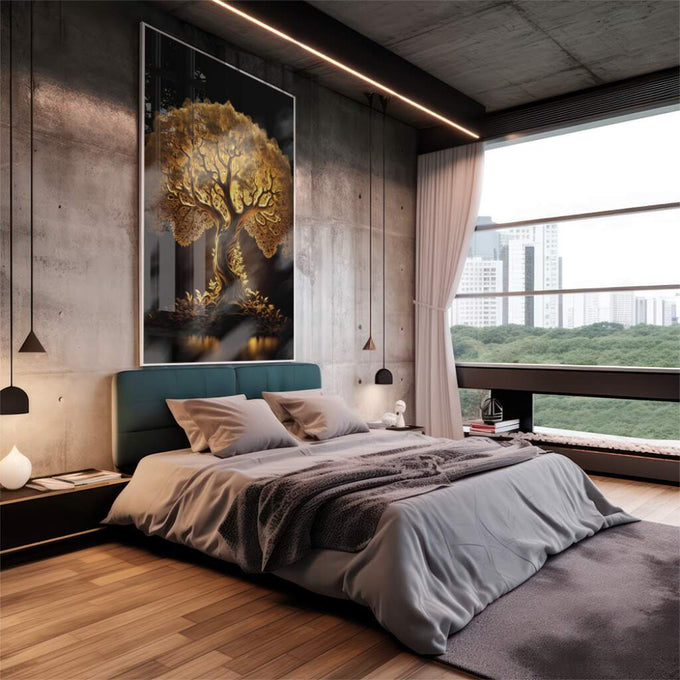 Quadro Decorativo Raízes de Ouro: Luxo e Tradição - quadros decorativos 1 Tela Vertical, 3 Telas - em escritorio elegante