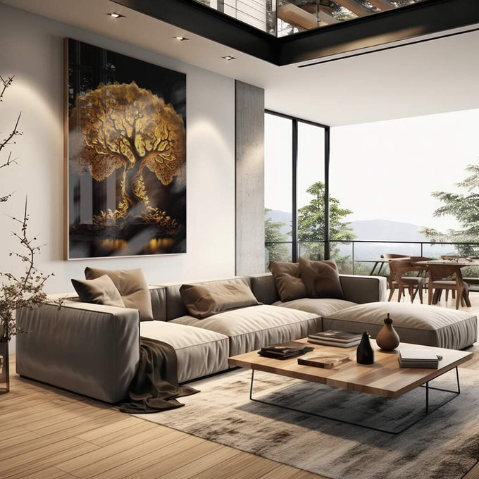Quadro Decorativo Raízes de Ouro: Luxo e Tradição - quadros decorativos para sala 1 Tela Vertical, 3 Telas - em living room premium