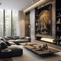 Quadro Decorativo Raízes de Ouro: Luxo e Tradição - quadros decorativos 1 Tela Vertical, 3 Telas - em sala moderna