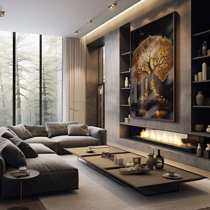Quadro Decorativo Raízes de Ouro: Luxo e Tradição - quadros decorativos 1 Tela Vertical, 3 Telas - em sala moderna