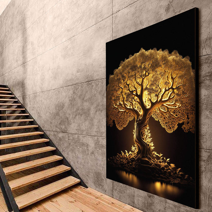 Quadro Decorativo Raízes de Ouro: Luxo e Tradição - quadros decorativos para sala 1 Tela Vertical, 3 Telas - em ambiente decorado