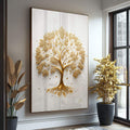 Quadro Decorativo Árvore da Riqueza Dourada - quadros decorativos para sala 1 Tela Vertical, 3 Telas - em ambiente decorado