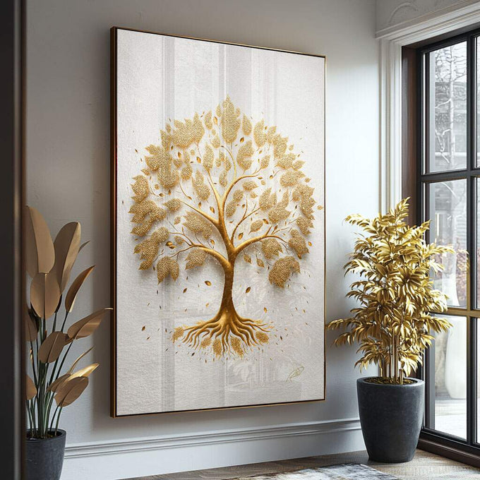 Quadro Decorativo Árvore da Riqueza Dourada - quadros decorativos para sala 1 Tela Vertical, 3 Telas - em ambiente decorado