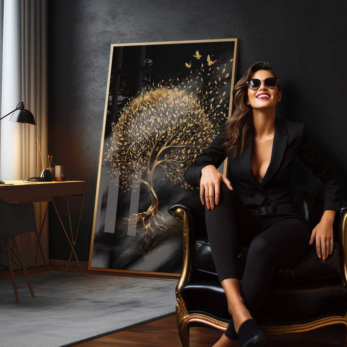 Quadro Decorativo Árvore Encantada de Ouro: Um Toque de Luxo - quadros decorativos para sala 1 Tela Vertical, 3 Telas - em quarto contemporaneo