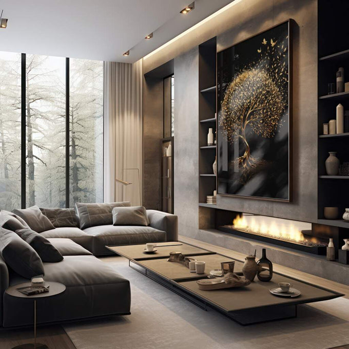 Quadro Decorativo Árvore Encantada de Ouro: Um Toque de Luxo - quadros decorativos 1 Tela Vertical, 3 Telas - em sala moderna