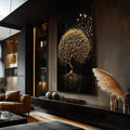 Quadro Decorativo Árvore Encantada de Ouro: Um Toque de Luxo - quadros decorativos para sala 1 Tela Vertical, 3 Telas - em ambiente decorado