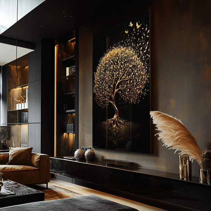 Quadro Decorativo Árvore Encantada de Ouro: Um Toque de Luxo - quadros decorativos para sala 1 Tela Vertical, 3 Telas - em ambiente decorado