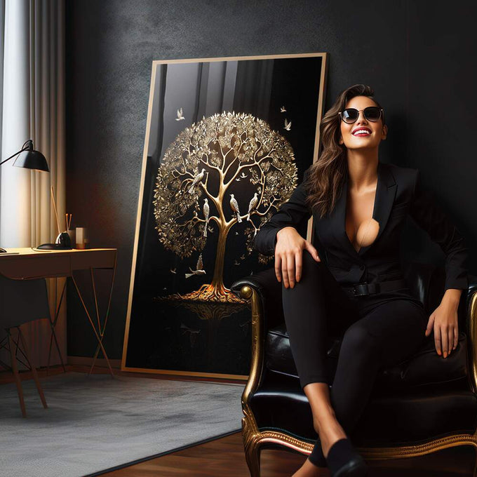 Quadro Decorativo Árvore da Vida Gold: Renove Seu Espaço - quadros decorativos para sala 1 Tela Vertical, 3 Telas - em quarto contemporaneo
