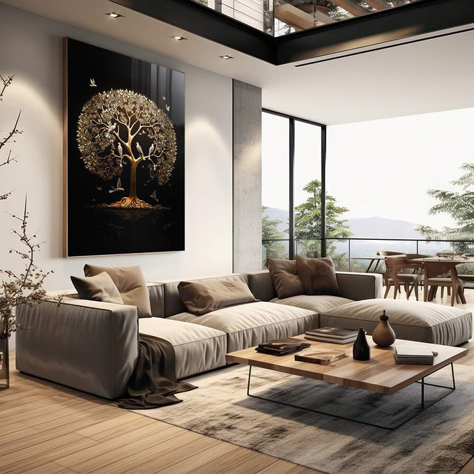 Quadro Decorativo Árvore da Vida Gold: Renove Seu Espaço - quadros decorativos para sala 1 Tela Vertical, 3 Telas - em living room premium