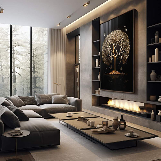 Quadro Decorativo Árvore da Vida Gold: Renove Seu Espaço - quadros decorativos 1 Tela Vertical, 3 Telas - em sala moderna