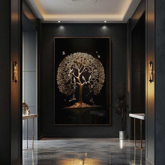 Quadro Decorativo Árvore da Vida Gold: Renove Seu Espaço - quadros decorativos para sala 1 Tela Vertical, 3 Telas - em ambiente decorado