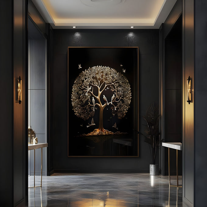 Árvore da vida com galhos e folhas douradas e pombas brancas pousadas sobre fundo preto, quadro decorativo