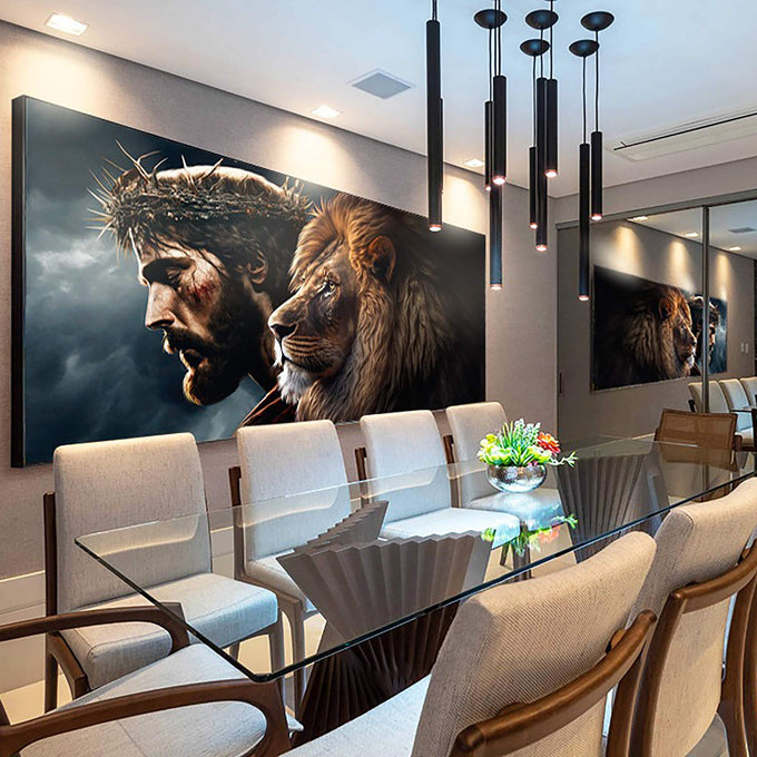 Quadro Decorativo Divindade e Realeza Jesus e Leão de Judá - quadros decorativos para sala 1 Tela, 1 Tela Horizontal - em ambiente decorado
