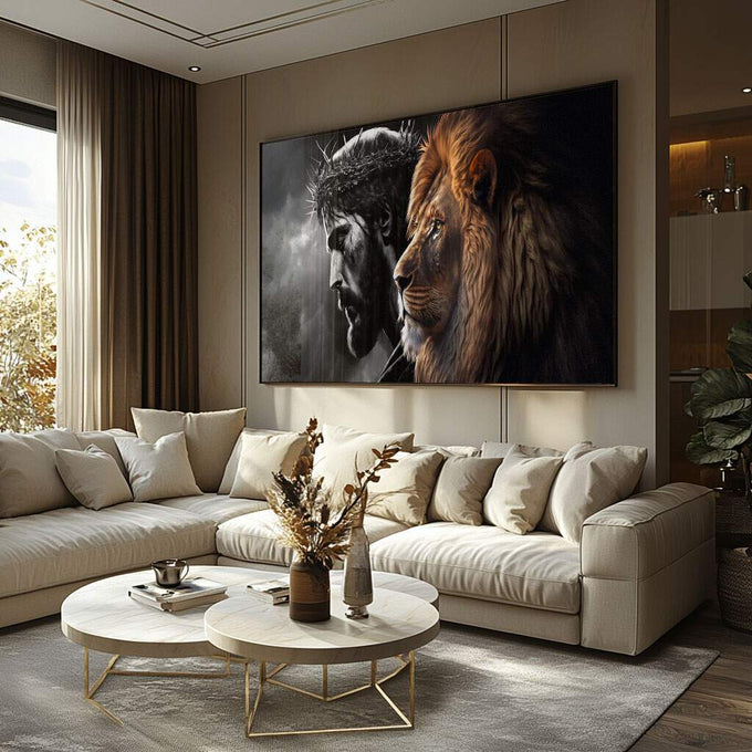 Quadro Decorativo O Leão e o Salvador: Inspiração Única - quadros decorativos para sala 1 Tela, 1 Tela Horizontal - em ambiente decorado