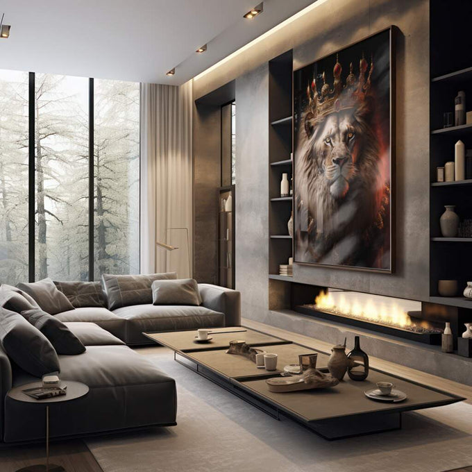 Quadro Decorativo Majestoso Rei da Selva - Exclusividade - quadros decorativos 1 Tela Vertical, 3 Telas - em sala moderna