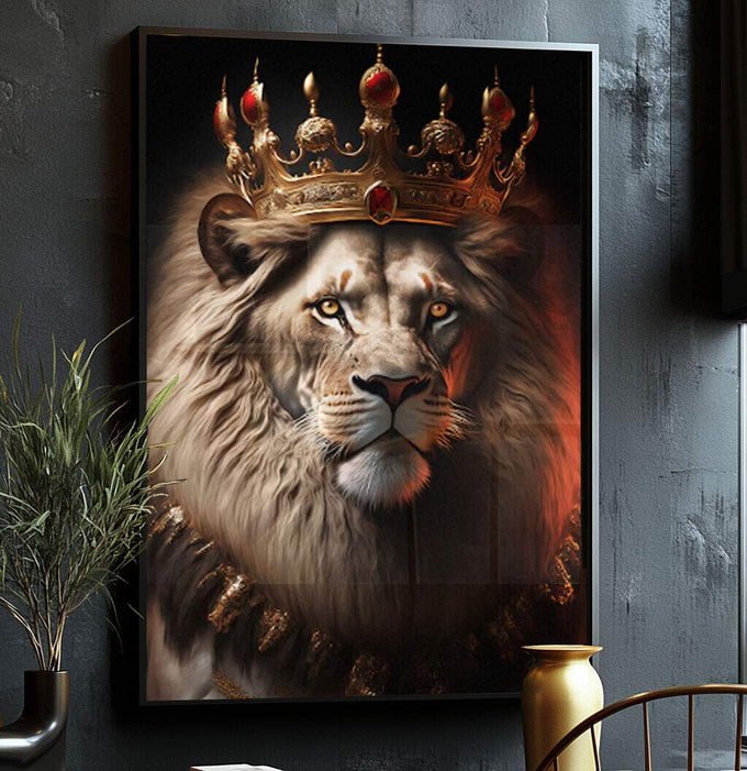 Quadro Decorativo Majestoso Rei da Selva - Exclusividade - quadros decorativos para sala 1 Tela Vertical, 3 Telas - em ambiente decorado