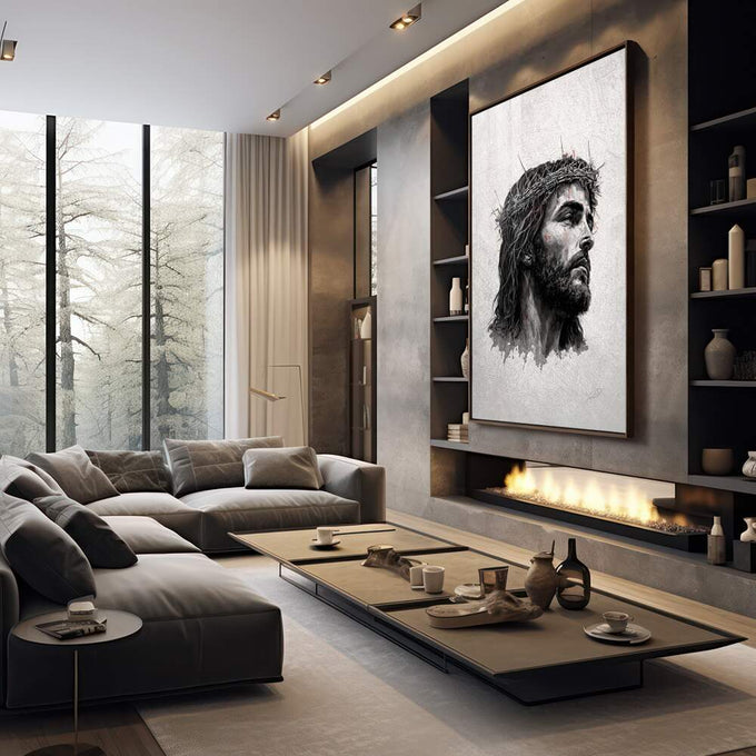 Quadro Decorativo: Inspiração Jesus em Seu Lar - quadros decorativos 1 Tela Vertical, 3 Telas - em sala moderna